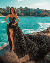 BMbridal Black Strapless Lace Applqiues Wedding Dress Hi-Lo Ruffles